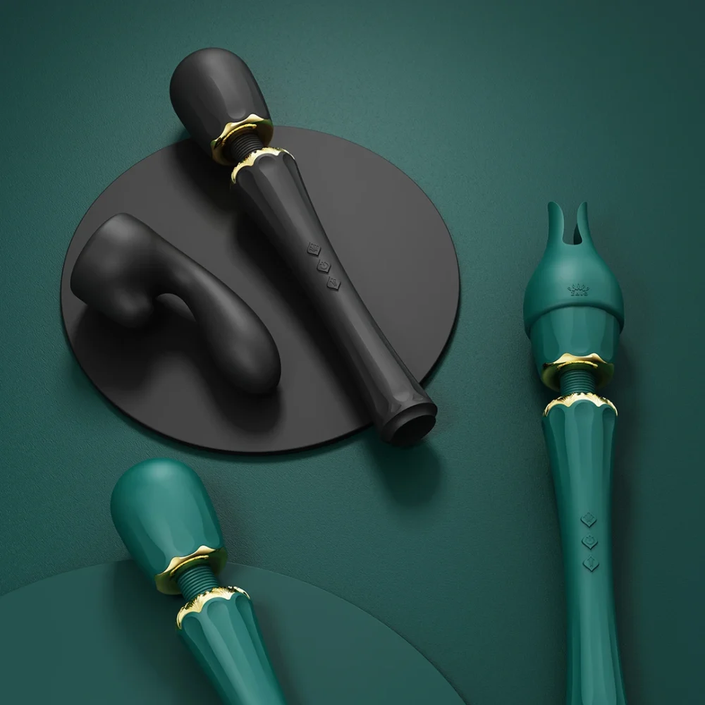 ZALO® Kyro Massager with two multi-functional silicone attachments in Turquiose Green and Obsidian Black color.